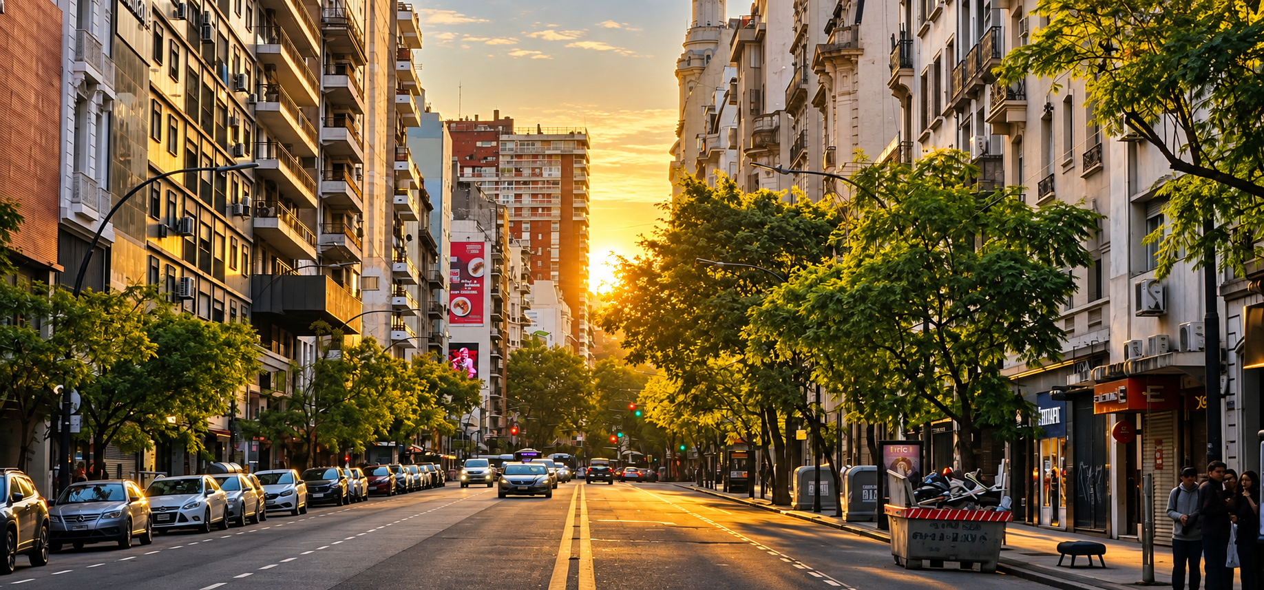 Avenida arbolada de Recoleta al atardecer