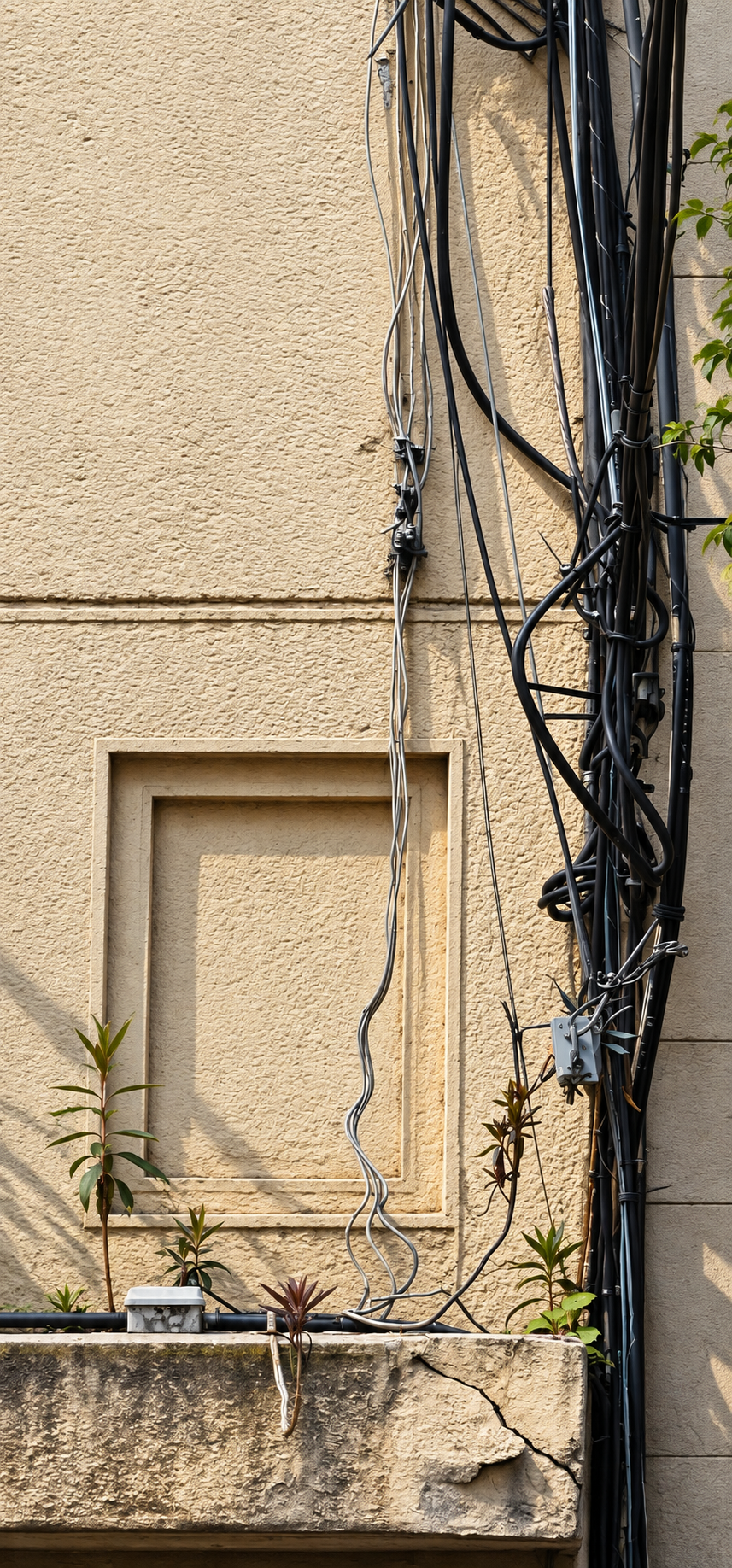 Medianera con cableado expuesto y vegetación