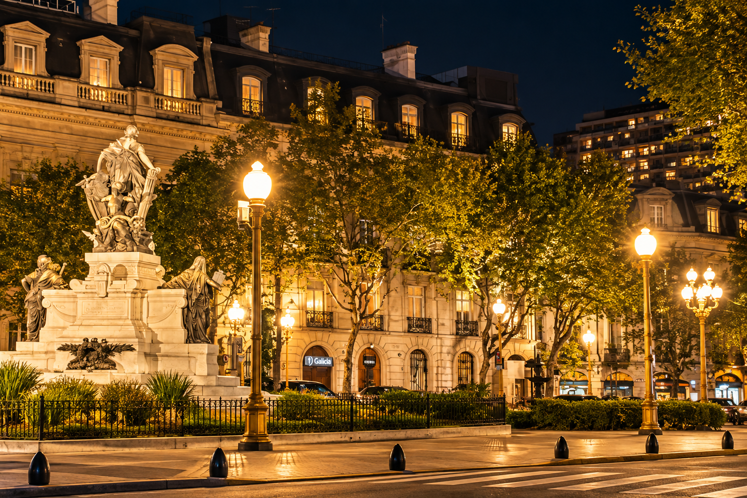 Plaza de Recoleta iluminada de noche